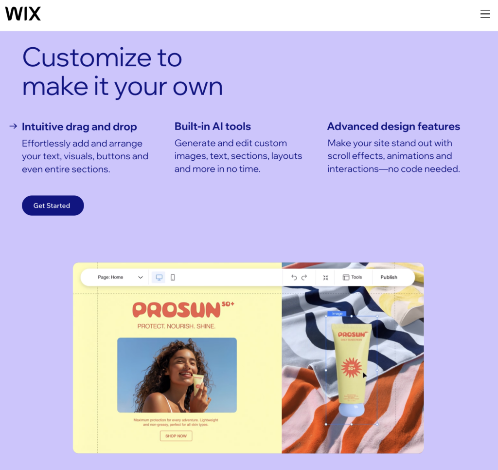 Wix website builder showcasing customization features, including drag-and-drop tools, AI design options, and advanced animations for unique designs.